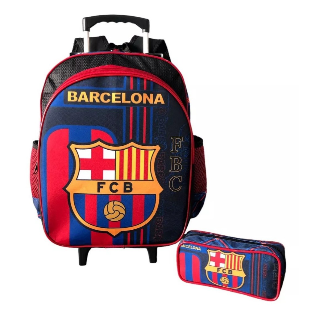 Mochila Escolar Barcelona Futebol Rodinhas Tam G + Estojo