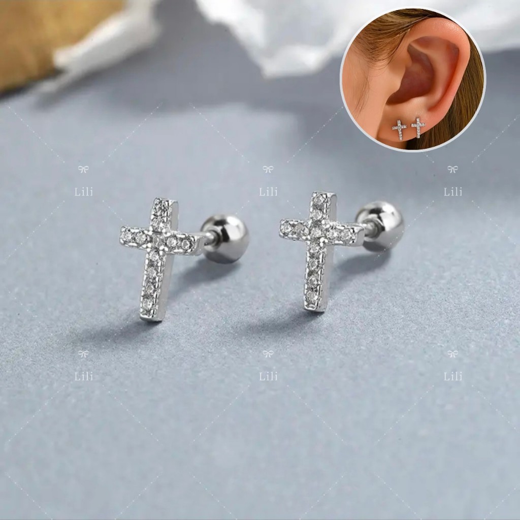 Kit 2 Piercing de cruz cravejado com pedra de zircônia prata p/Targus, Helix Conch