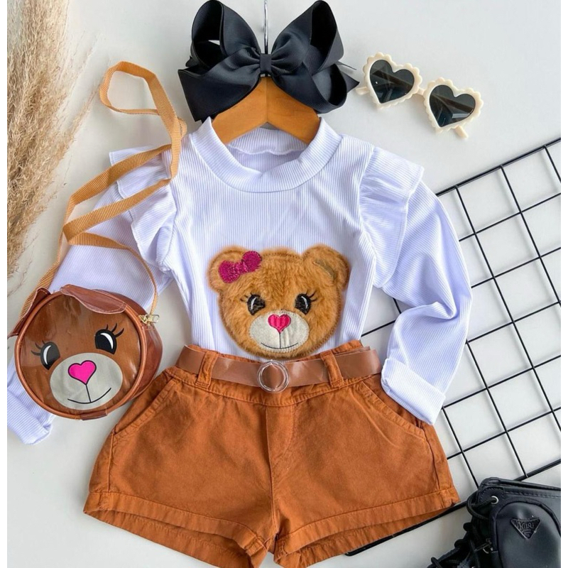 Conjunto infantil jeans menina blogueirinha Ursinho com bolsinha 4 Peças