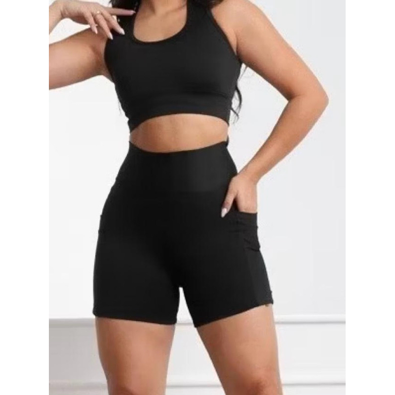 CONJUNTO FITNESS SHORTS E TOP ACADEMIA FEMININO C/ BOLSO