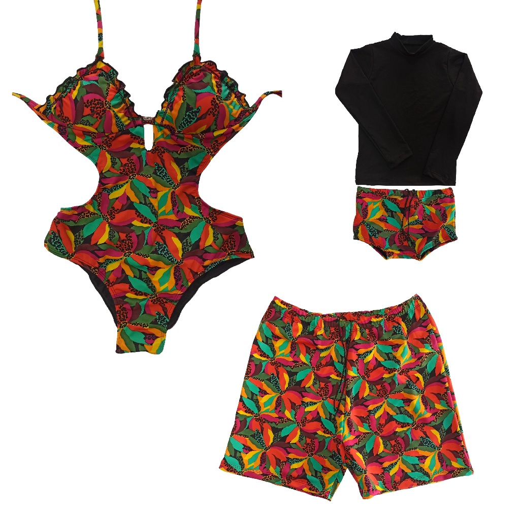 Kit praia maiô ripple mãe, conjunto infantil proteção UV filho e bermuda pai