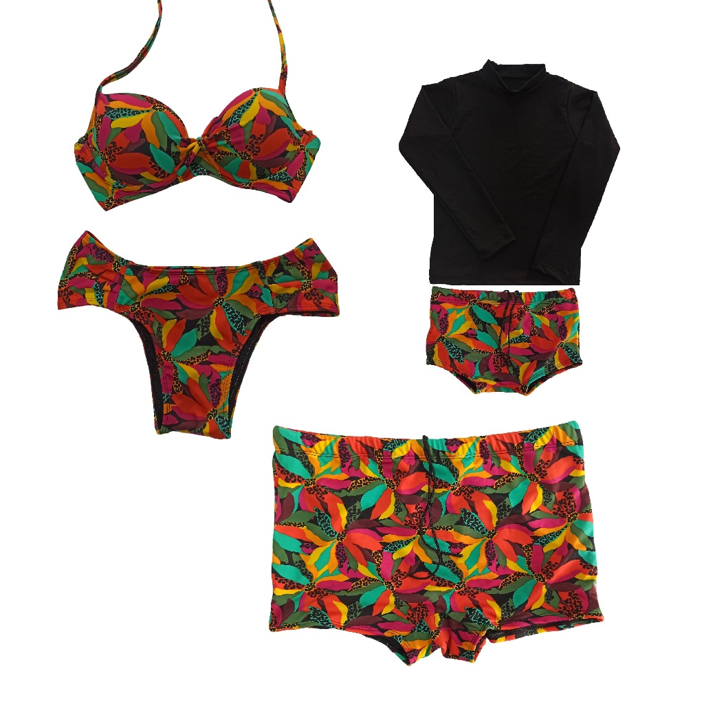 Kit praia família - biquíni feminino mãe, conjunto proteção UV infantil e sunga boxer pai