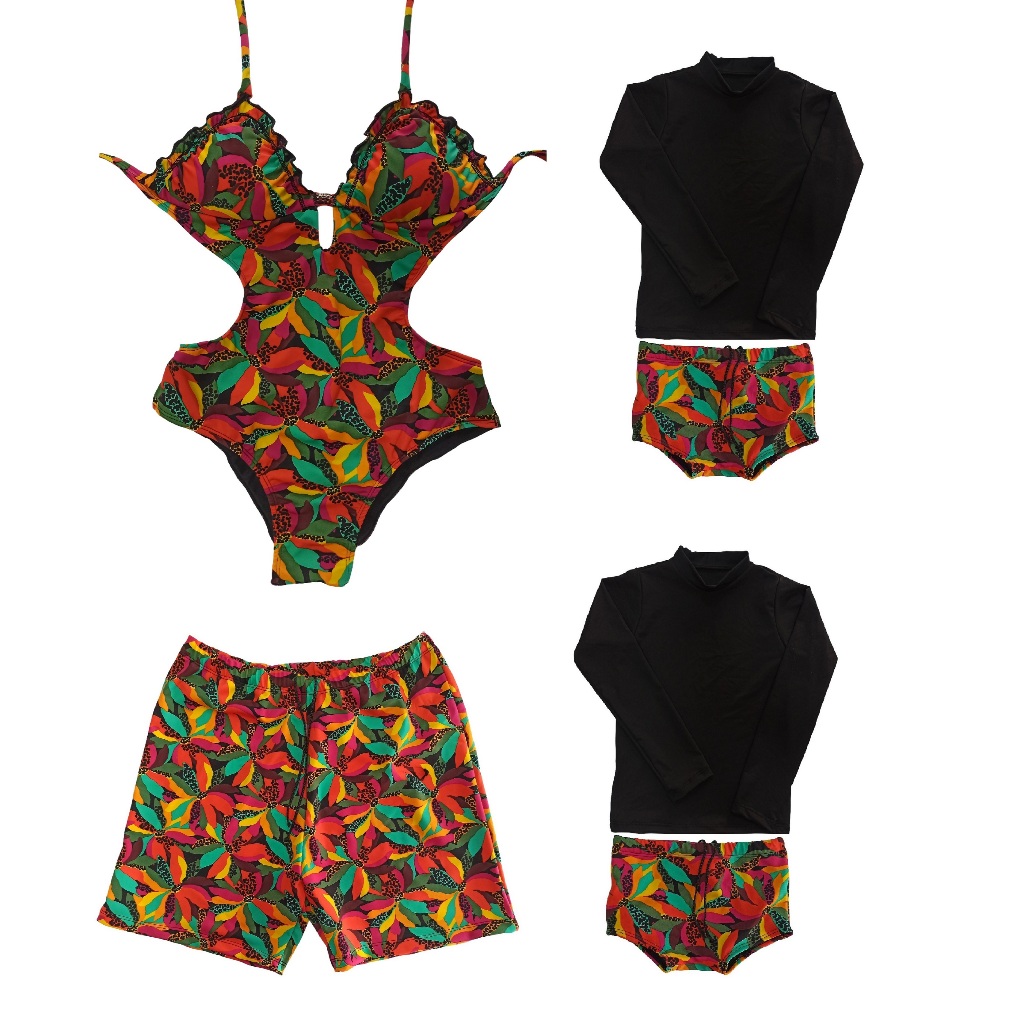 Kit praia família, maiô mãe, 2 conjuntos proteção UV infantil e bermuda pai