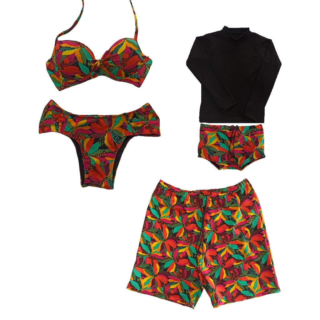 Kit praia família - biquíni mãe, conjunto proteção UV infantil e bermuda pai