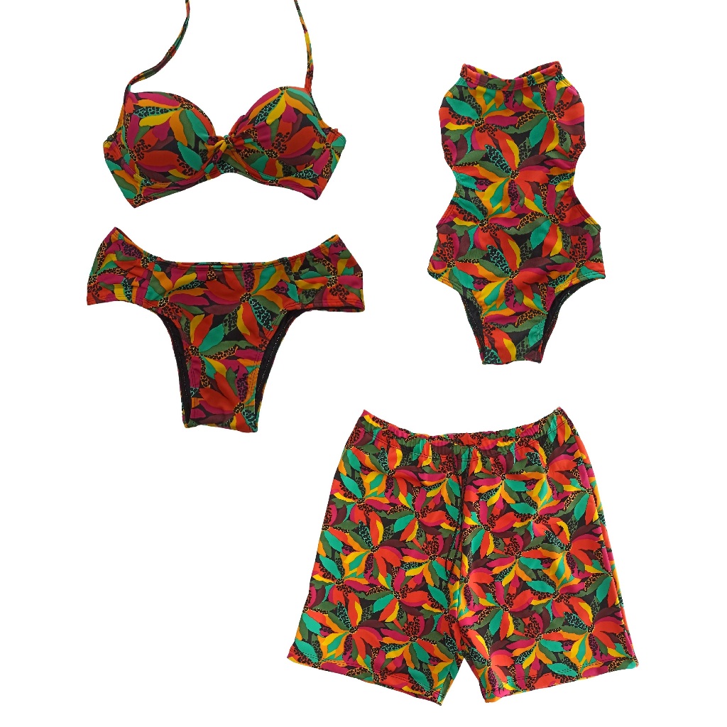 Kit praia família, biquíni mãe, maiô filha e bermuda pai