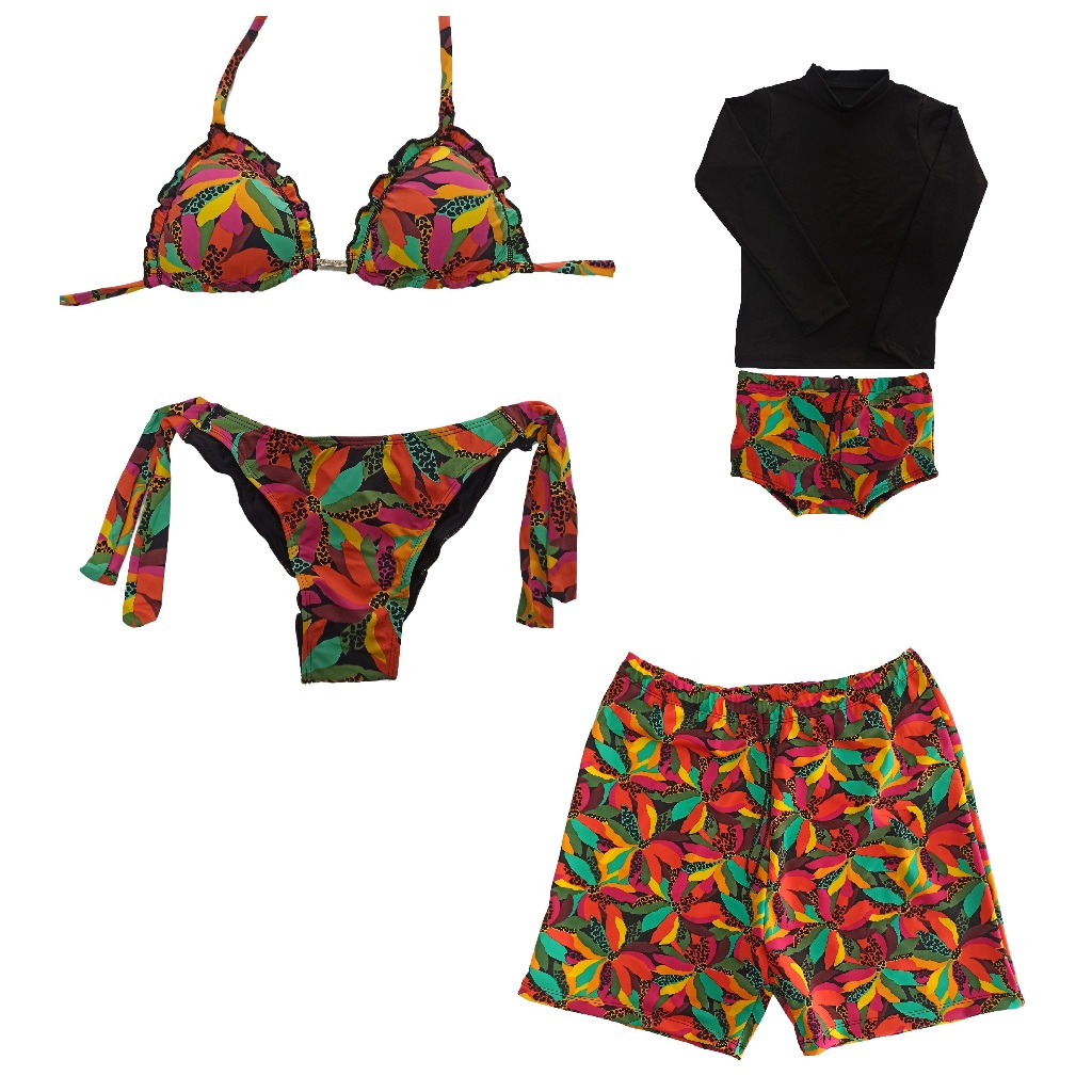 Kit praia família, biquíni mãe, bermuda pai e conjunto proteção UV infantil
