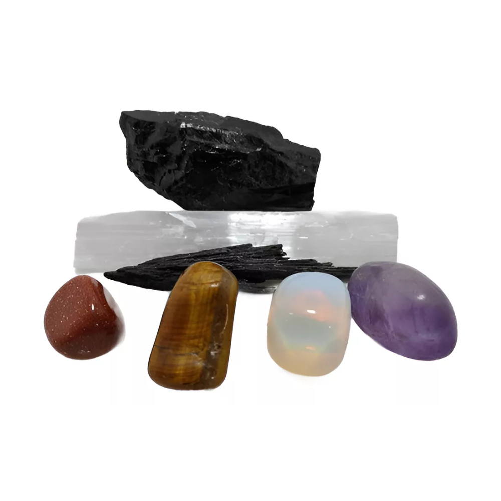 Kit Pedra Turmalina Negra,Bastão Selenita, Olho de Tigre,Pedra da Lua,Pedra do Sol,Ametista,Vassoura de Bruxa - Promoção