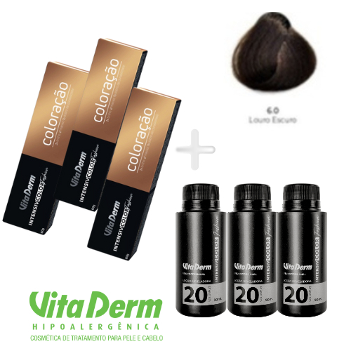 KIT COM 3 COLORAÇÃO 6.0 LOURO ESCURO 60G CREME + 3 LOÇÃO REVELADORA 20V 90ML- VITA DERM