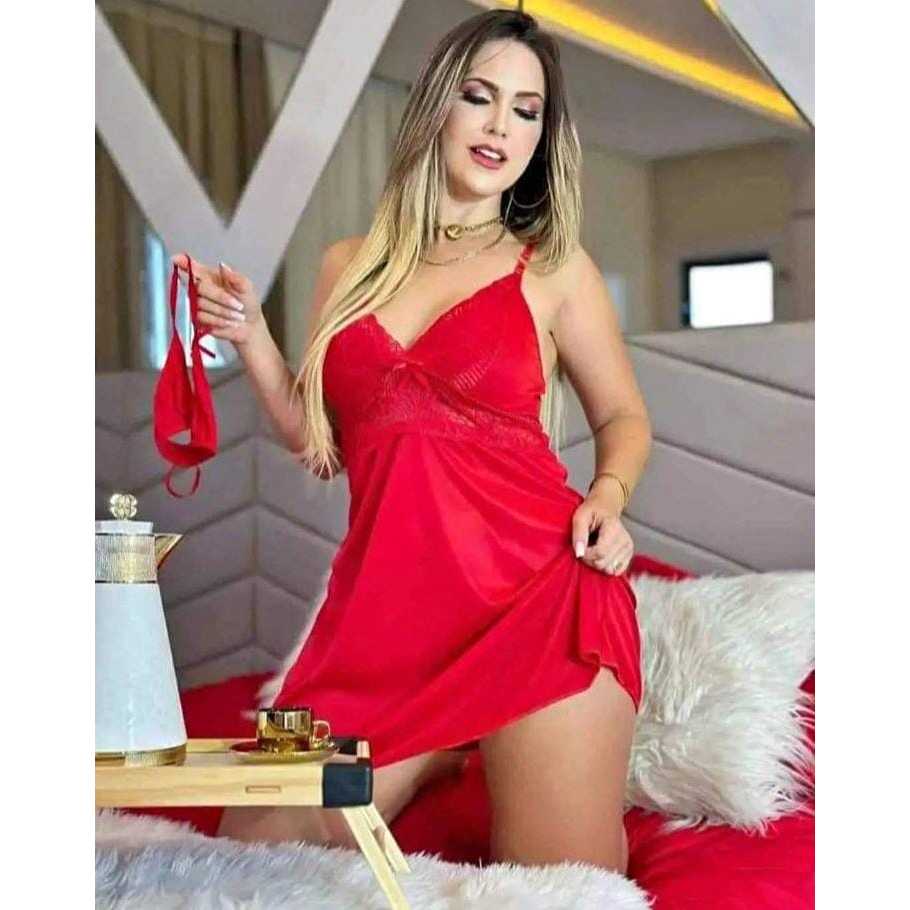 Camisola de renda luxo acompanha calcinha fio dental roupa de dormir feminina