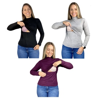 Kit 3 Blusa Amamentação Slim Gola Alta Cores Premium Gestante Amamentar Manga Longa em Oferta na Shopee