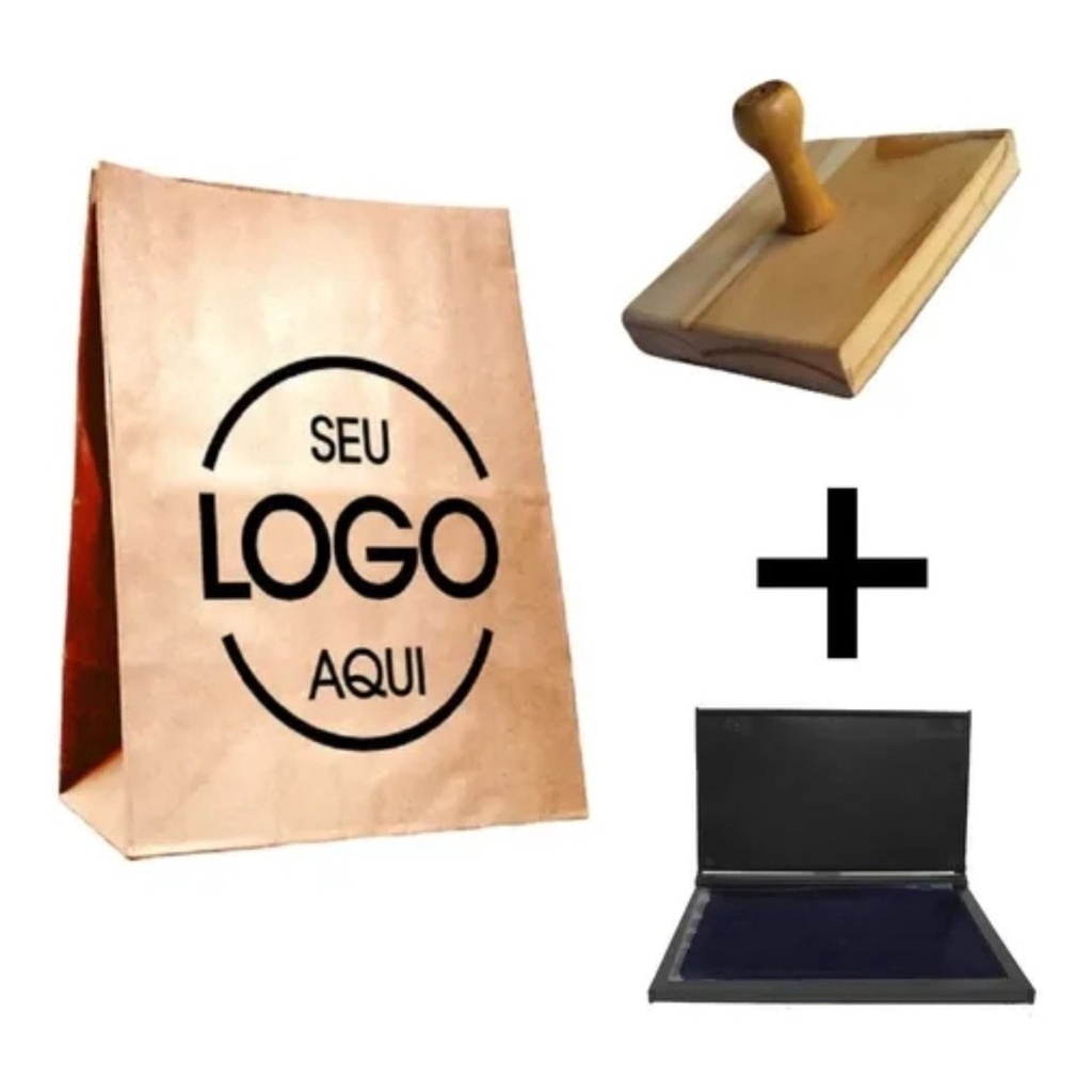 Kit carimbo personalizados 9x6 cm, com logotipo, logo, para sacolas, sacos kraft