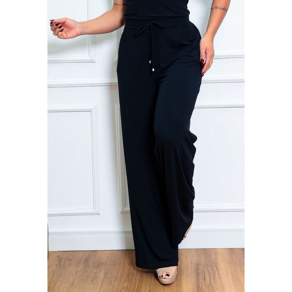 Calça Feminina Pantalona Com Bolso e Elástico na Cintura Moda Elegante