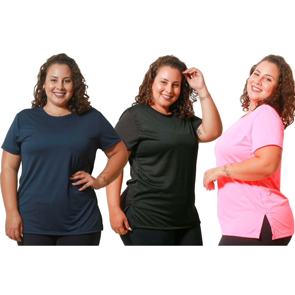 Roupa De Academia Feminino kit com 3 Blusas Dry Fit Plus Size Curve