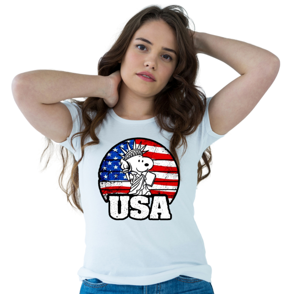 Camiseta Camisa Snoopy Usa Americano America Babylook Feminino Branco T-shirt 100% Algodão
