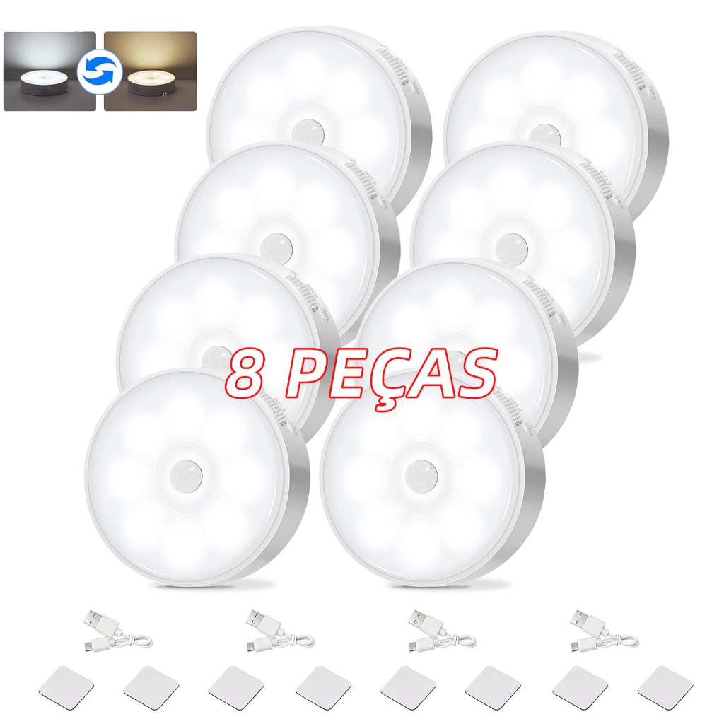 LUZ FRIO/LUZ QUENTE Luminárias Lâmpada Led Sem fio com Sensor Presença recarregável