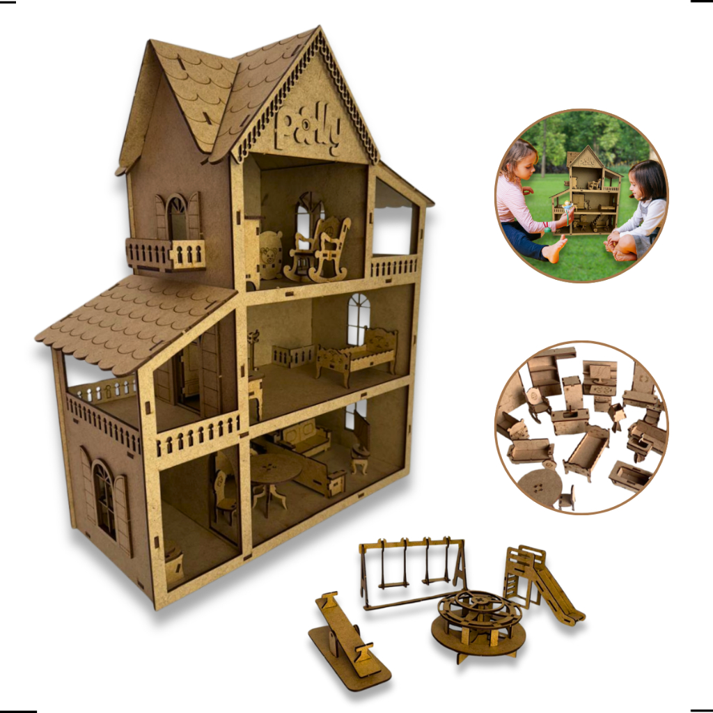 Casa de Boneca mdf 45x15cm com 18 pequenos moveis e parquinho - Casa Infantil para Bonecas