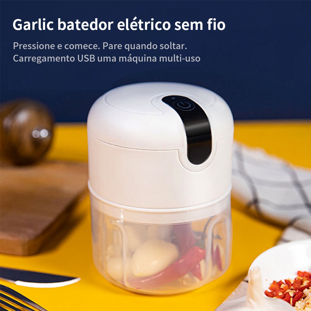 Mini Processador Elétrico Moedor Carne Vegetais Alho Fruta   Recarregável USB 250ml com 3 lâminas