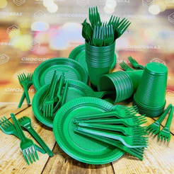Kit Festa 50 PESSOAS DESCARTAVEIS VERDE GARFO + PRATO + COPO(CHOCO)