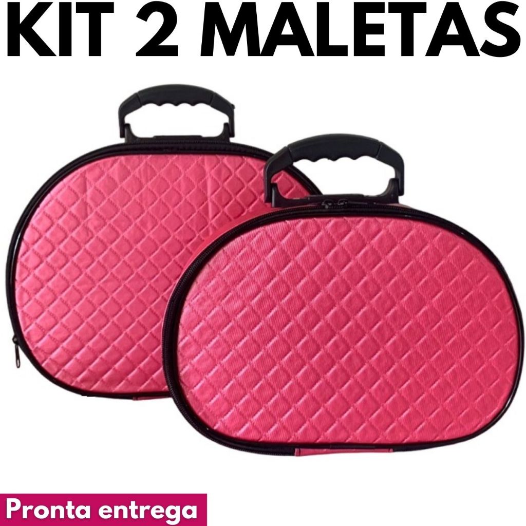Kit 02 Maleta Frasqueira Necessaire Para Viagem Maquiagem Esmaltes Meia Lua Rosa