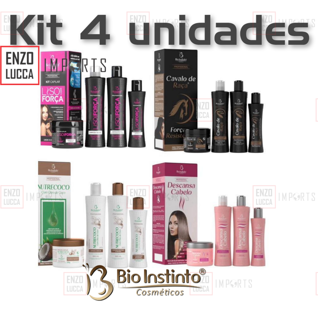 4 Kits 16 itens Tratamento Capilar Liso-Cavalo-Coco-Descansa  Bio instinto
