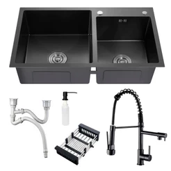 Cuba Preta Quadrada Gourmet Cozinha Pia Aço Inox Acessórios + Torneira Monocomando Preta Brinovar