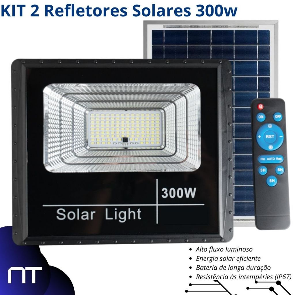 Holofote Refletor Solar 300W Branco Frio Solar Prova Dágua Kit Para Fixação e Controle Remoto