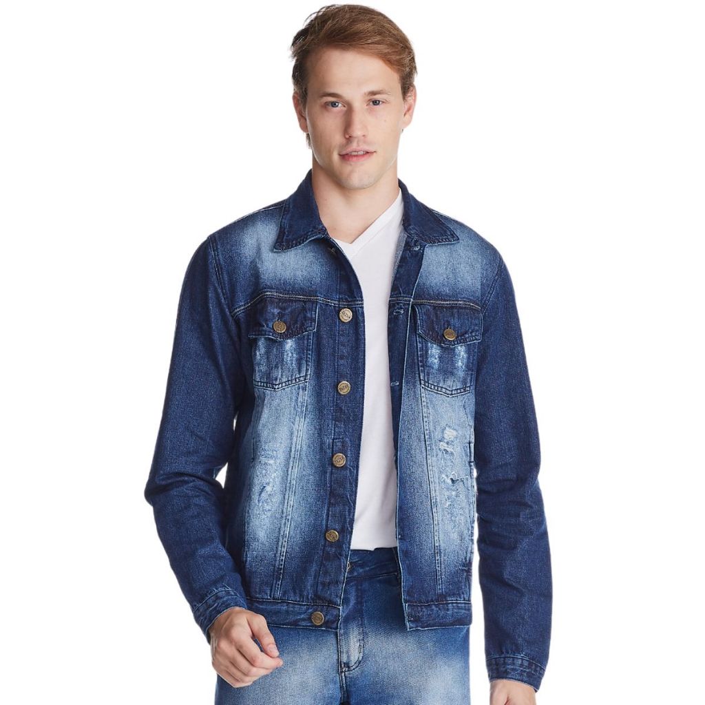 Jaqueta Jeans Masculina HNO Destroyed Used Azul Premium