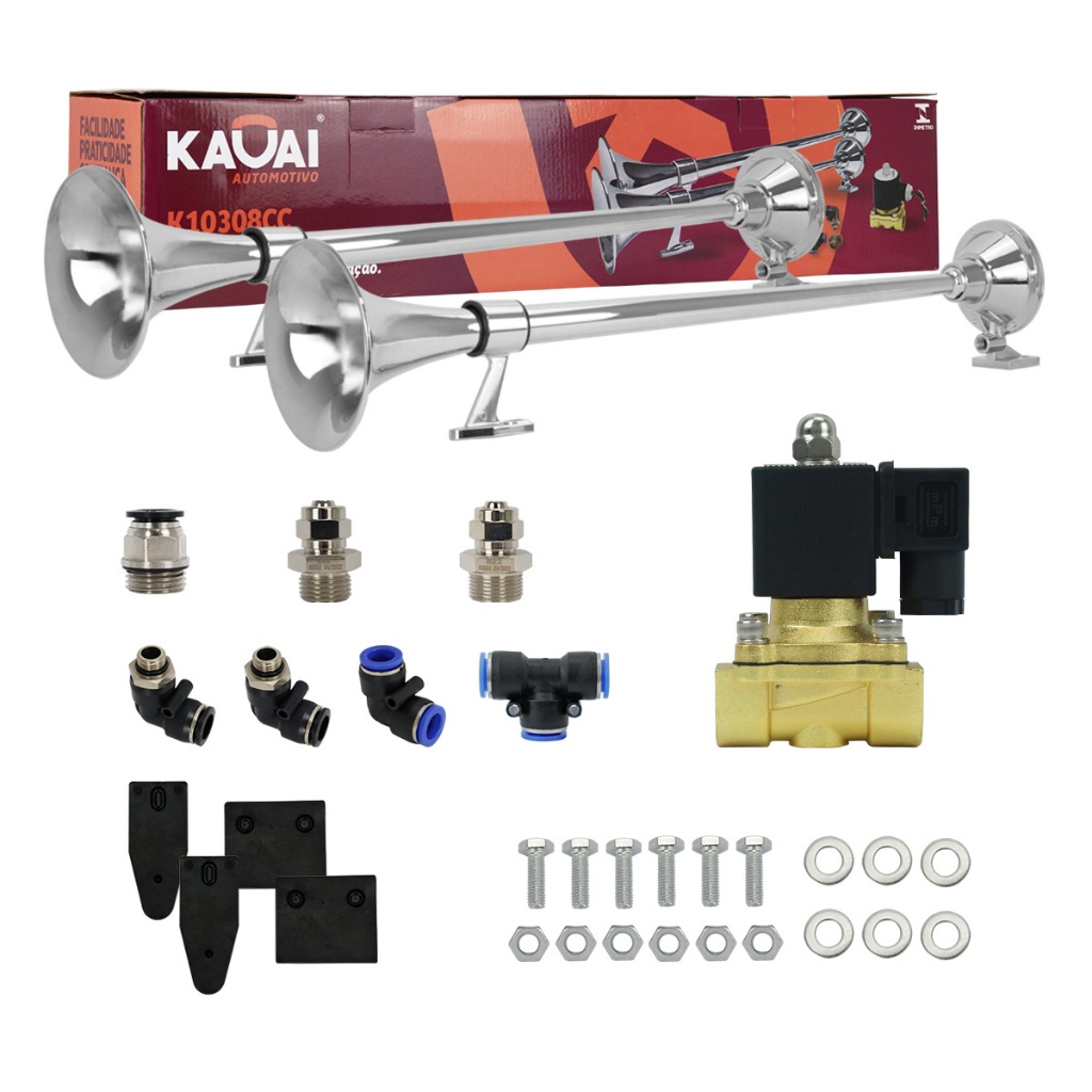 Buzina Maritima Caminhão 24V 74cm Kit Completo Com Válvula Conexões Cromada Kauai Som Muito Potente