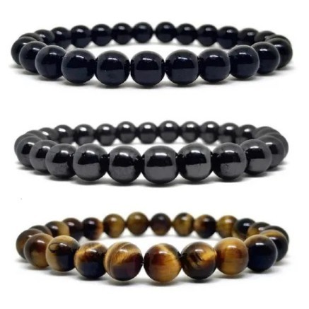 Kit 3 Pulseiras Pedra Natural Ônix/ Hematita/ Olho De Tigre em Oferta na Shopee