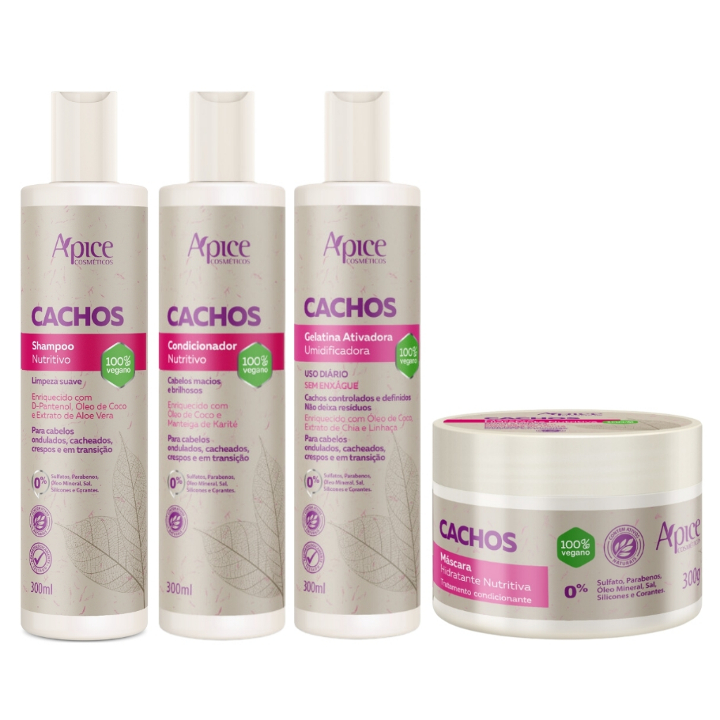 Kit Apice Cachos Shampoo + Condicionador + Mascara + Gelatina Ativadora Cachos Profissional