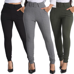 Kit 3 Calça Feminina Skinny Crepe Social Cinto Cintura Alta