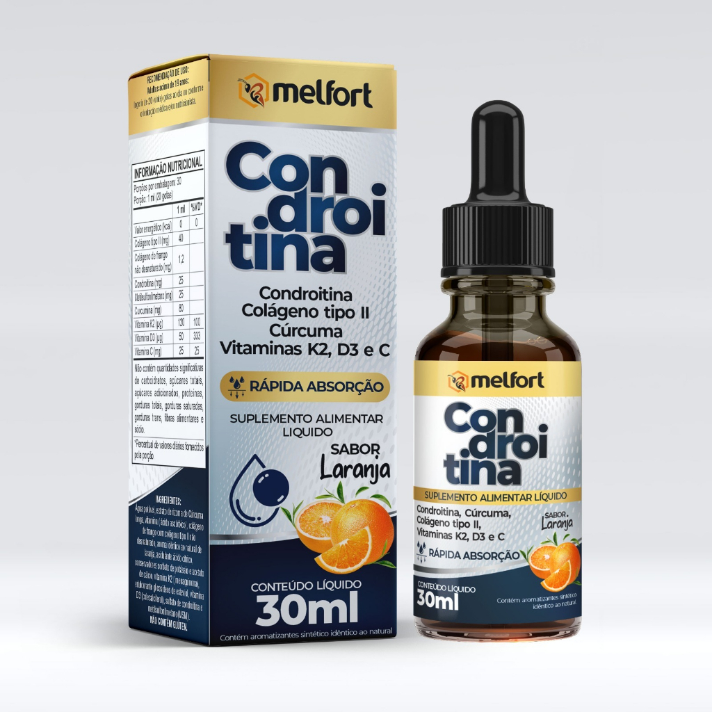 Condroitina, Colágeno Tipo II, Cúrcuma, Vitamina K2, Vitamina D3 e Vitamina C Melfort