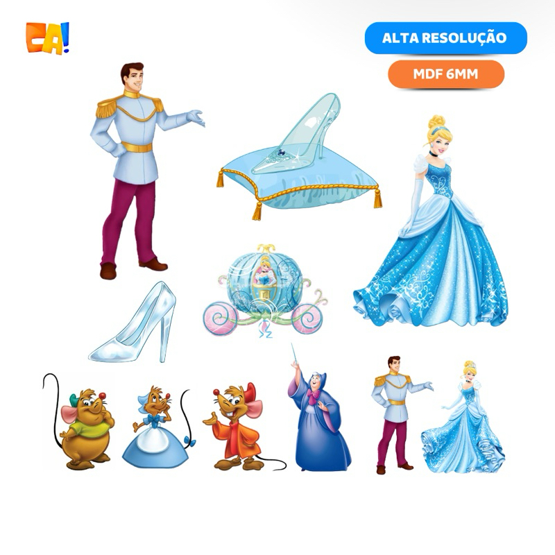 Kit 11 Displays de chão e mesa MDF 6mm Cinderela, Príncipe Encantado, Sapatinho, Carruagem, Fada e Ratinhos