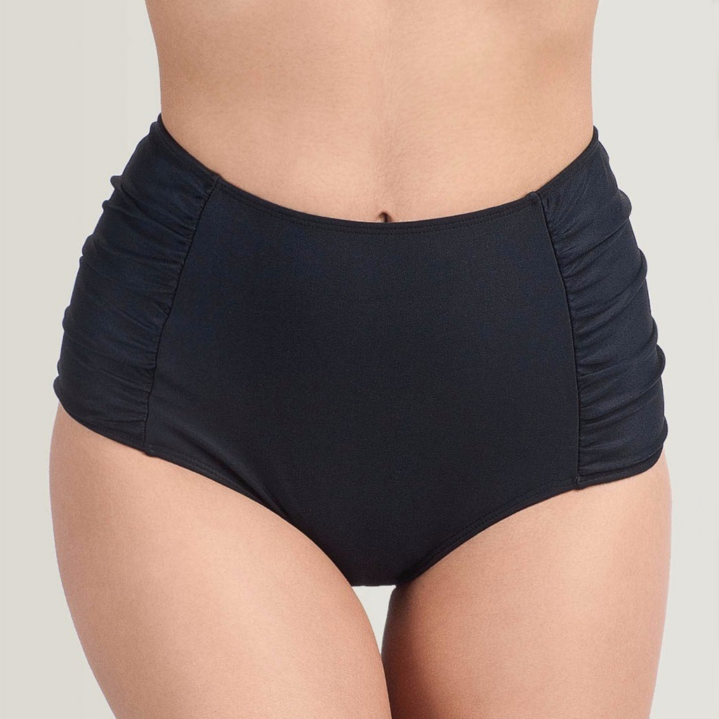 HOT PANTS Lateral Drapeado Cintura Alta Retro Biquíni Forrado Calcinha Sunquíni