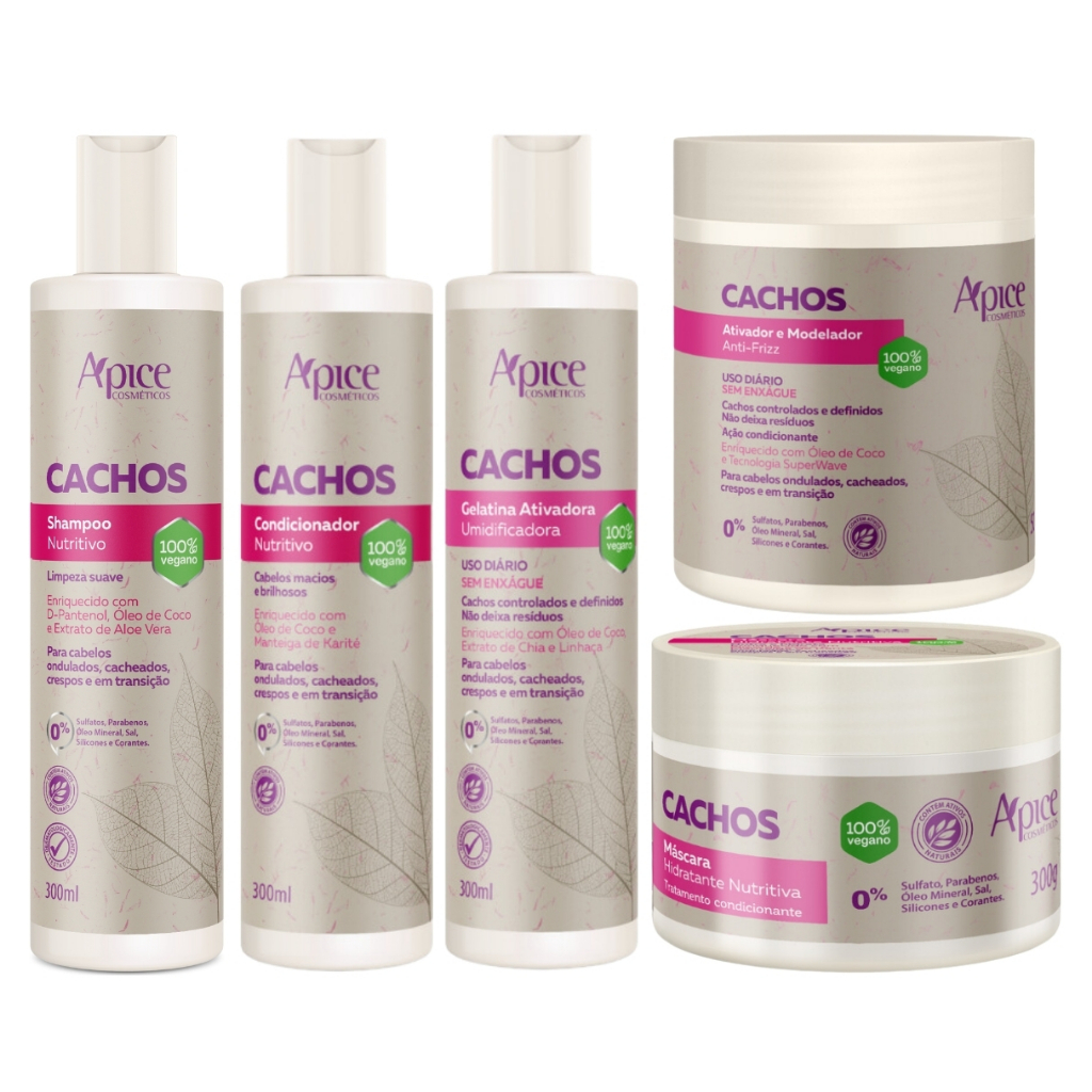Kit Apse Cachos 5 Itens Tratamento Capilar Completo Cabelo Vegano Higienização Limpeza Finalização
