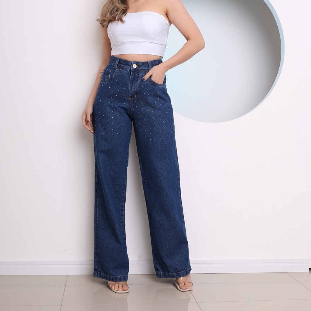 Calça jeans wide leg com brilho feminina novo