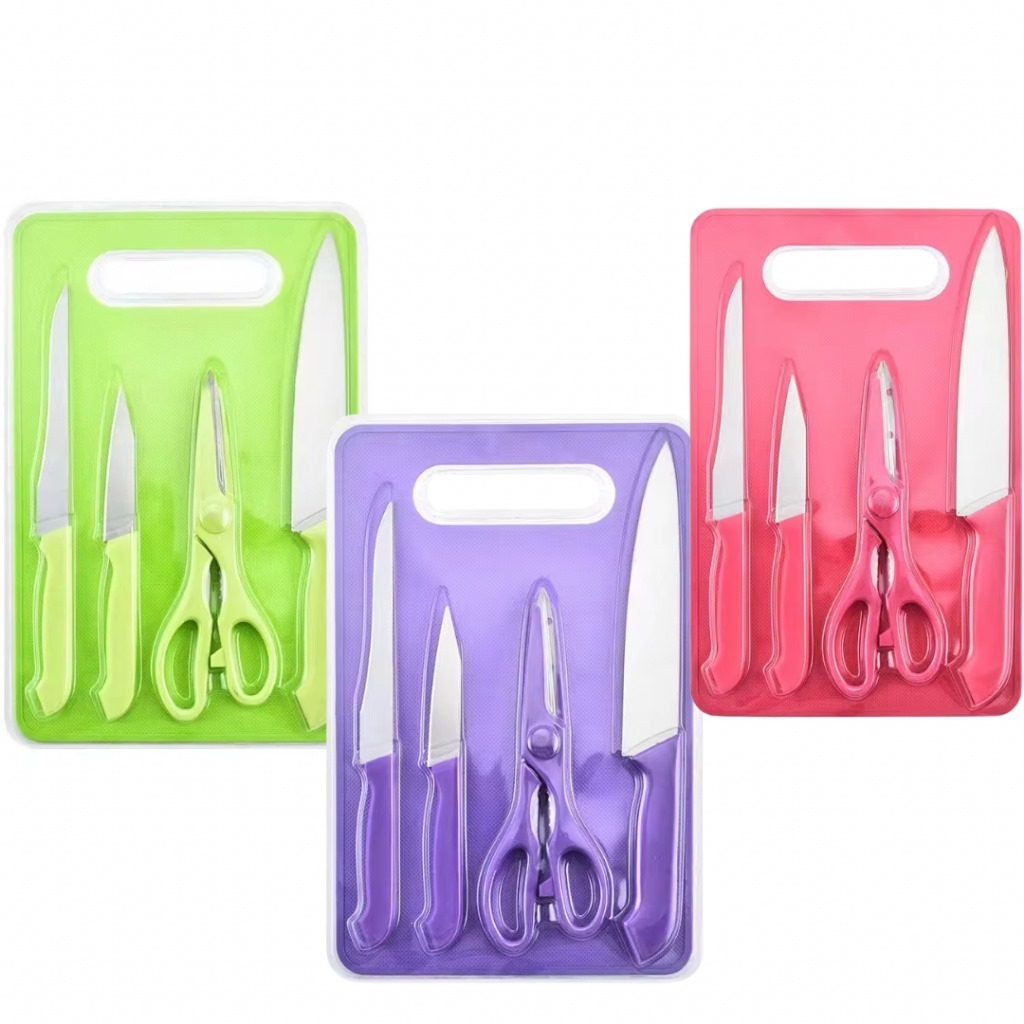 Kit Faca Tesoura Completo Jogo Utensílios de Cozinha 5 Peças Com Tábua em Silicone