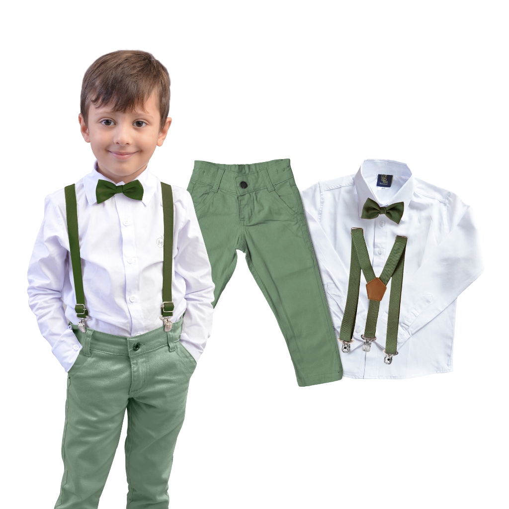 Conjunto Roupa Verde Oliva de Batizado Basculino Bebês E Infantil Social Envio Imediato Promoção