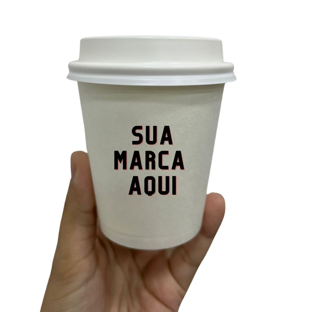 Copo 210 ml em Papel PERSONALIZADO com Tampa Reciclável com Bico - Pacote com 50 unidades