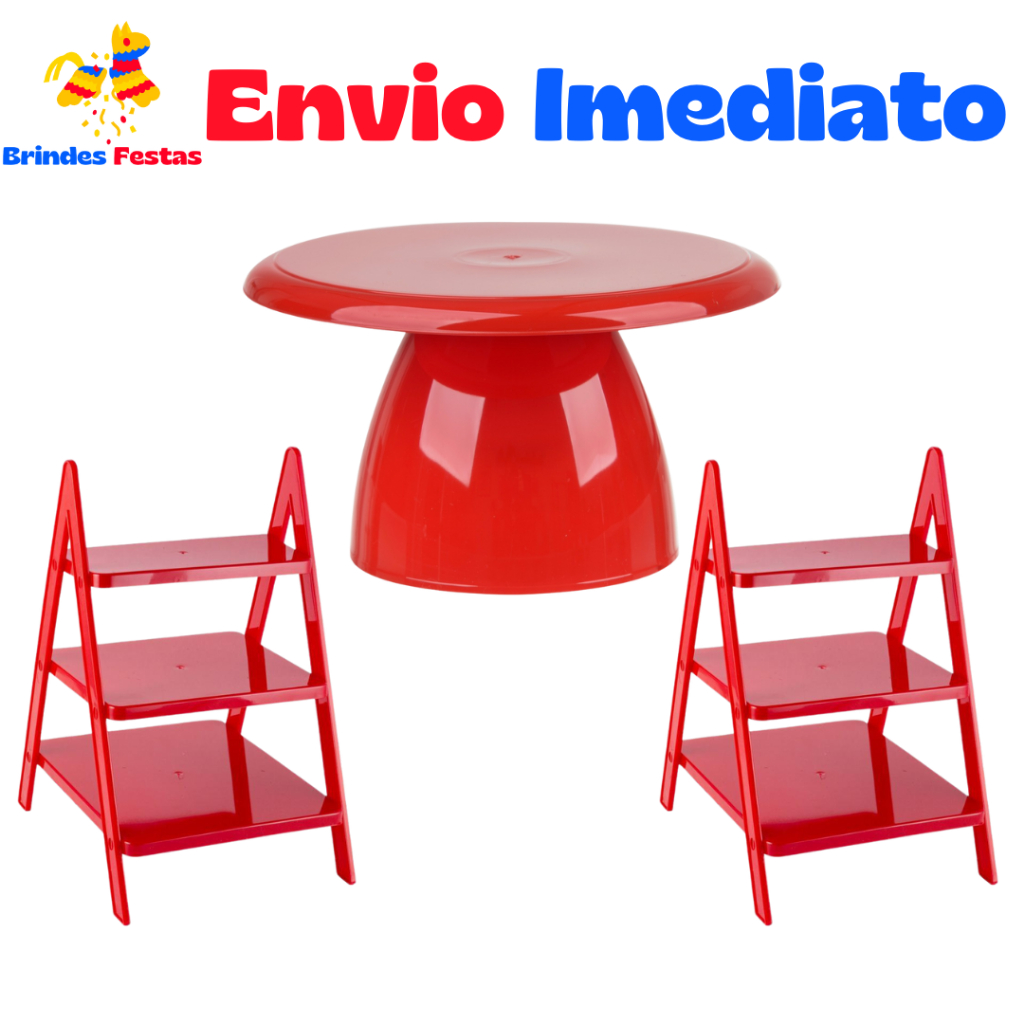 Kit Day - 1 Boleira Cogumelo + 2 Escadinha decorativa - Porta Doce - Festa - Decoração Novo