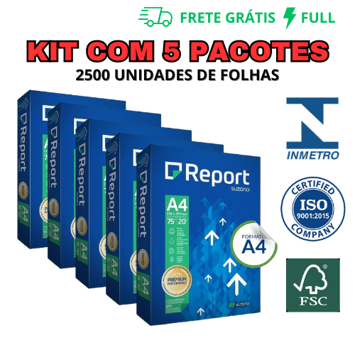 PAPEL SULFITE REPORT PREMIUM A4 BRANCO 75G KIT 5 PACOTES (2500 FOLHAS) em Oferta na Shopee