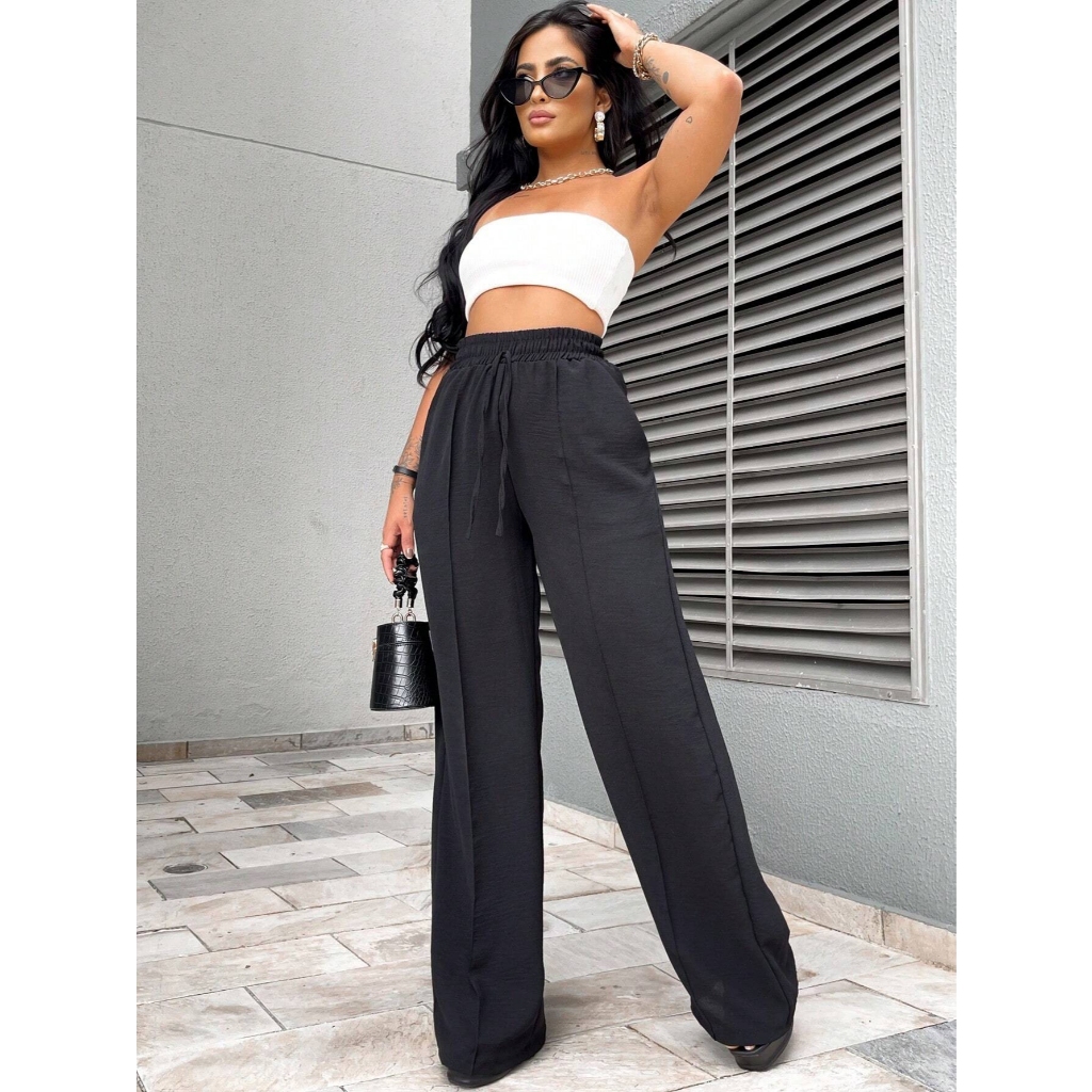 Calça Pantalona Duna Wide Leg Cintura Alta Com Bolso Com Elastico Tendencia