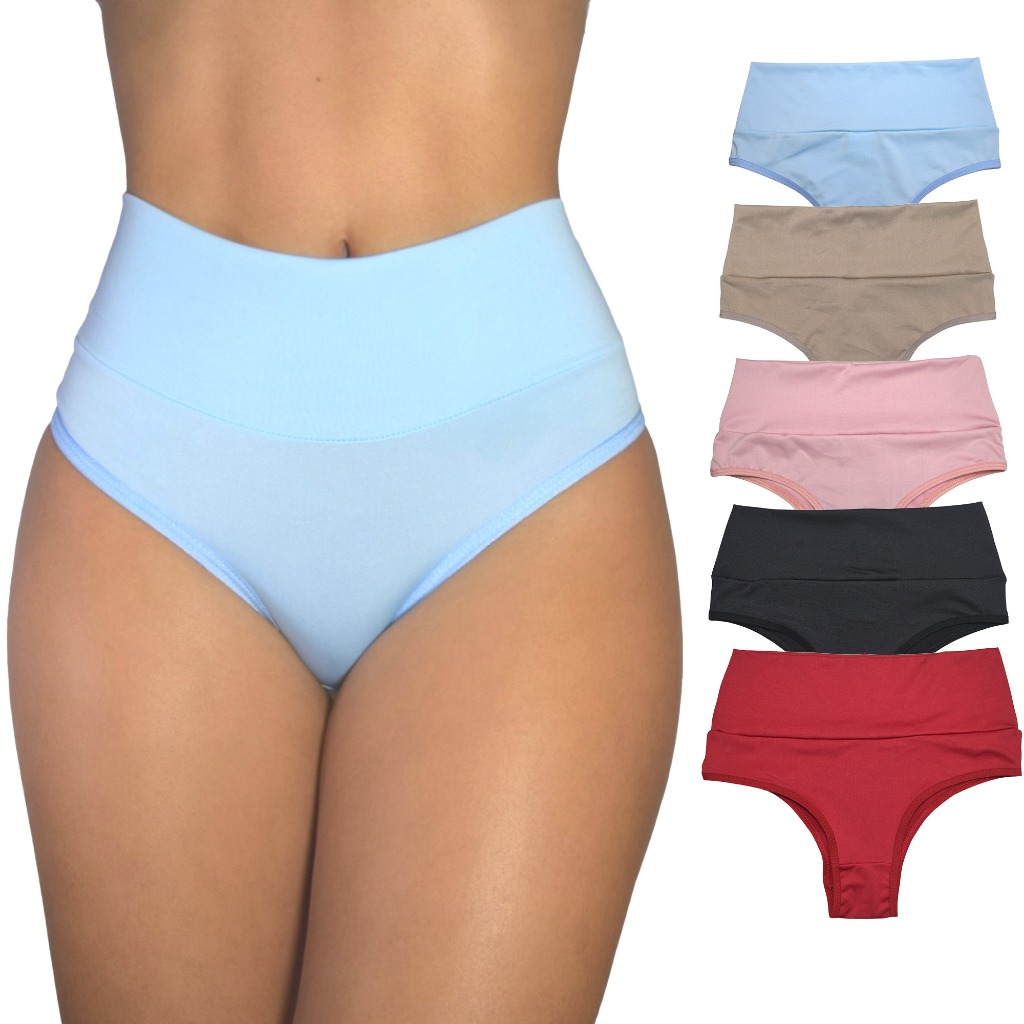 Kit 5 Calcinhas Cintura Alta Cós Duplo e Forro de Algodão - VIÉRE