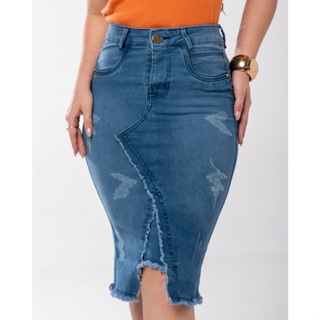 Saia Jeans Frente Desfiada Moda Evangélica 7PALLAS em Oferta na Shopee