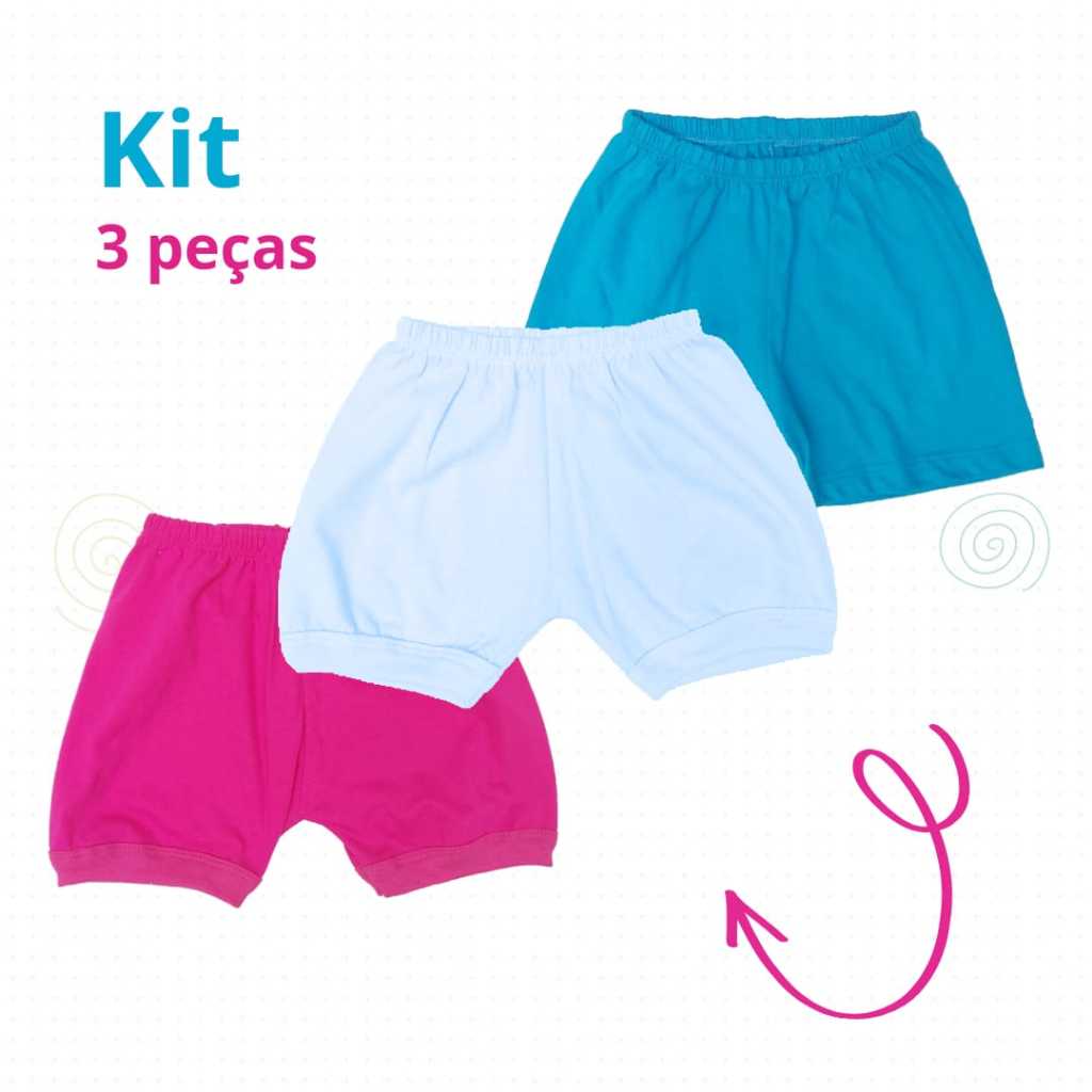 Kit 3 Shorts 100% Algodão Infantil (Cores Sortidas) Malha Super Confortável