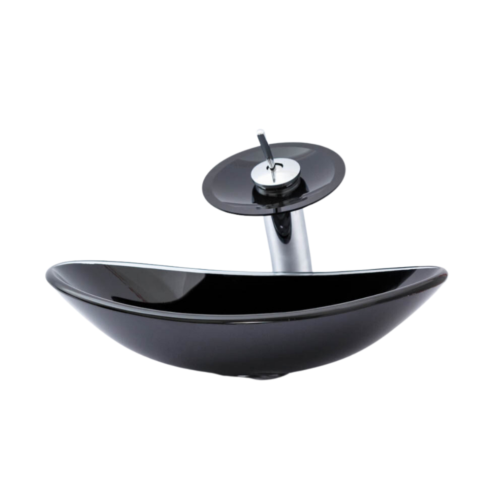 CONJUNTO CUBA BANHEIRO LAVABO OVAL VIDRO + TORNEIRA CASCATA E VÁLVULA CLICK INOX - Home & Living