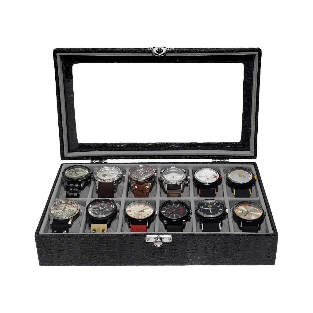 Estojo Para 12 Relógios Preto Com Interno Aveludado Cinza