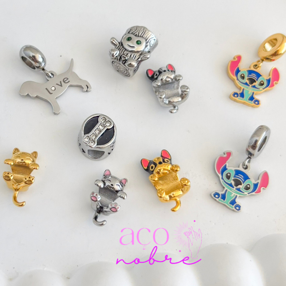 Berloques Aço Inox Para Pandora Charms Cachorro Gato Marvel Stitch  bulldog Pingentes