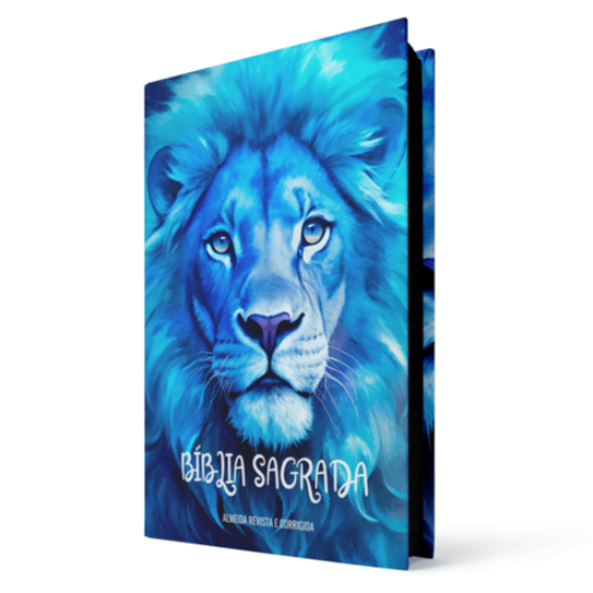 Bíblia Letra Grande Capa Dura Harpa E Corinhos Leão Azul Fitilho Moderna 014