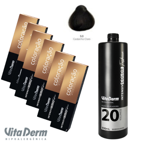 KIT COM 6 COLORAÇÃO 5.0 CASTANHO CLARO 60G CREME + LOÇÃO REVELADORA 20V 900ML- VITA DERM